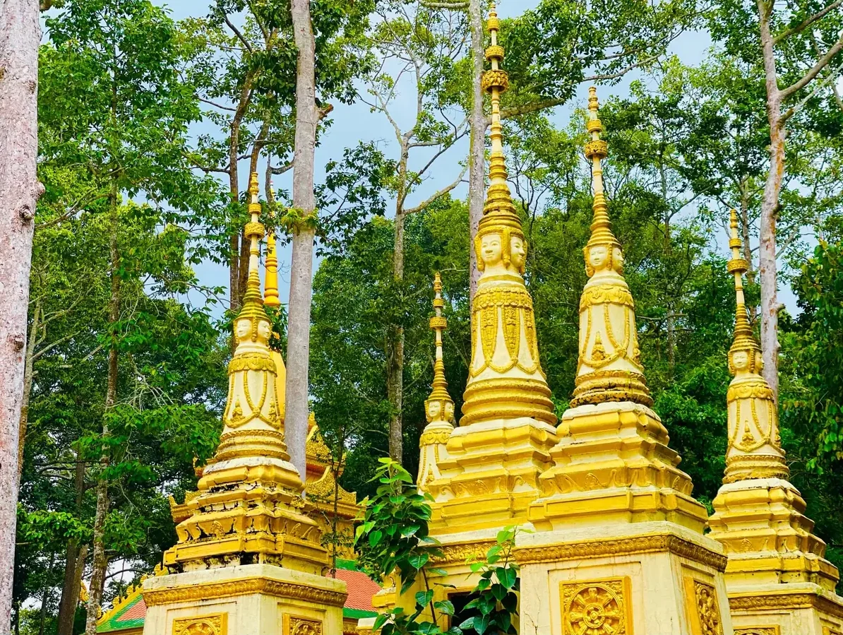 Golden stupas of a Khmer pagoda in Tra Vinh during Ok Om Bok season